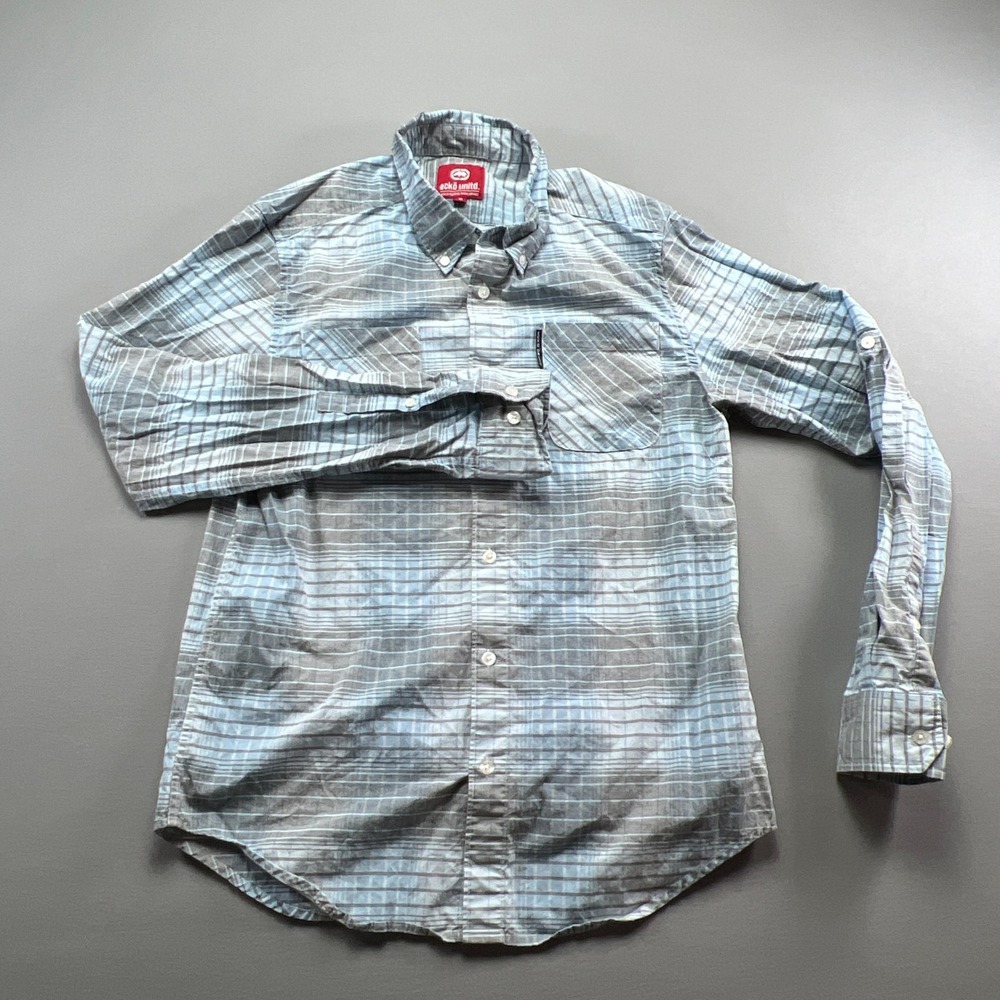 Ecko Unltd Shirt Men Medium Blue Gray Plaid Dual Cotton Chest Pocket Button Down